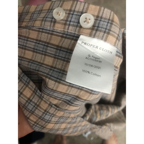 Proper Cloth Men's Button Down Shirt Size Medium Tan And Gray Plaid Cotton L/S - Picture 11 of 15